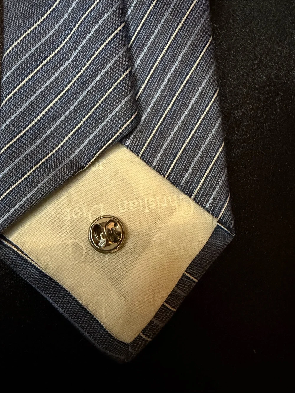 Dior Navy Blue Striped Silk Scarf with Pearl Accent